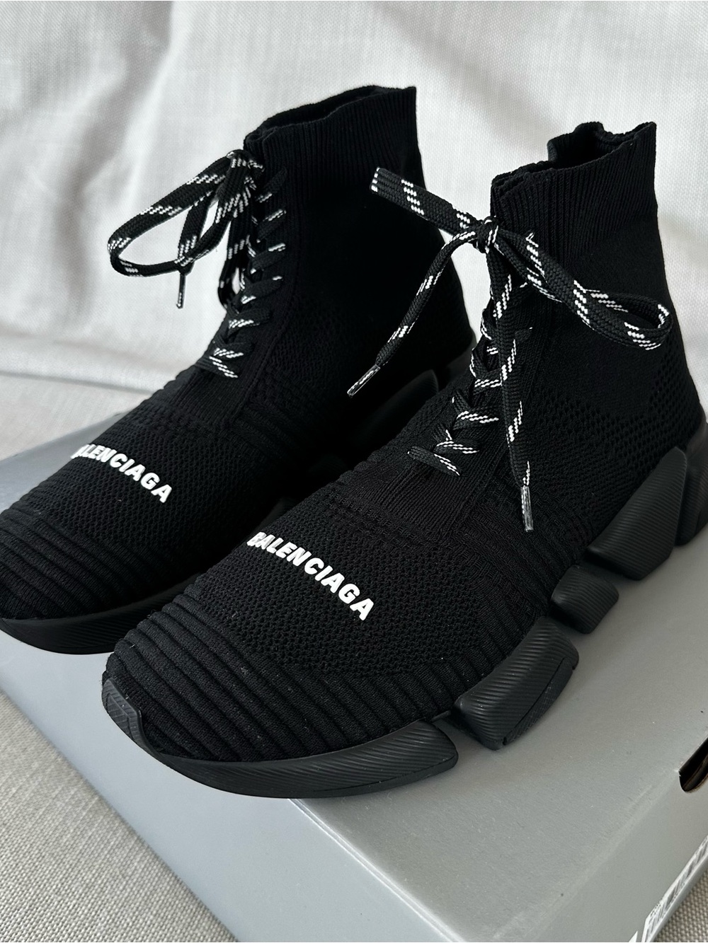 Balenciaga Speed 2.0 Lace Up Sneakers Black Knit Sock Shoes EU 40